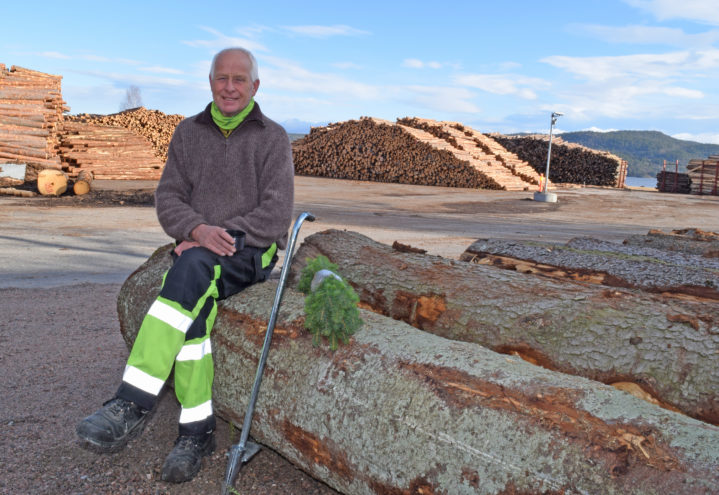 Leder i Bamble skogeierlag, Ole Svein Høen, deler ut bestilte planter fra tømmerkaia på Herre.